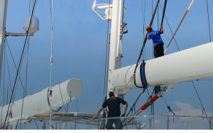 Two RSB Riggers working on a super yacht in Palma Mallorca